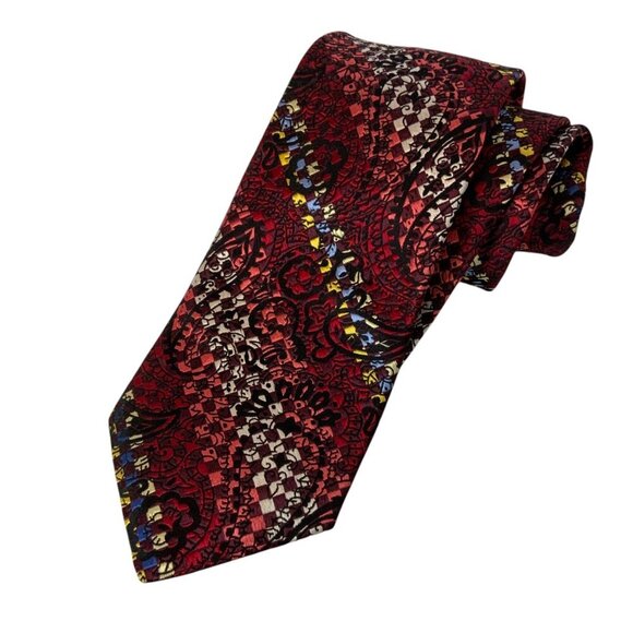 Robert Graham Mens Silk Tie Red Paisley & Diagonal Geometric Pattern Made In USA - Picture 1 of 6